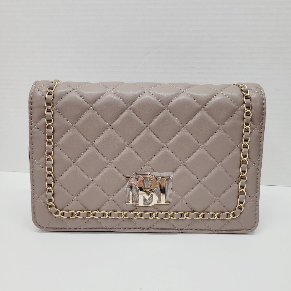 Badgley Mischka Taupe Big Diamond Quilted Braided Gold Chain Crossbody Bag Vegan